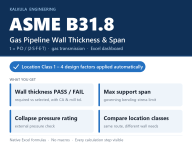 ASME B31.8 Gas Pipeline Wall Thickness & Span Calculator (Excel Dashboard)