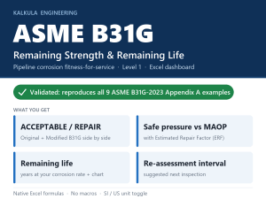 ASME B31G Remaining Strength & Remaining Life Calculator — Pipeline Corrosion FFS (Excel)