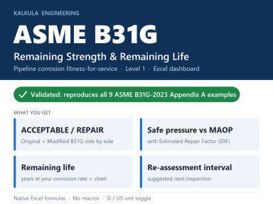 ASME B31G Remaining Strength & Remaining Life Calculator — Pipeline Corrosion FFS (Excel)