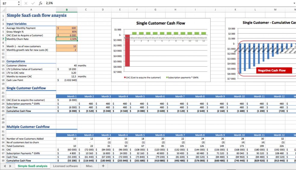 SaaS Cash Flow analysis Excel Model - Eloquens