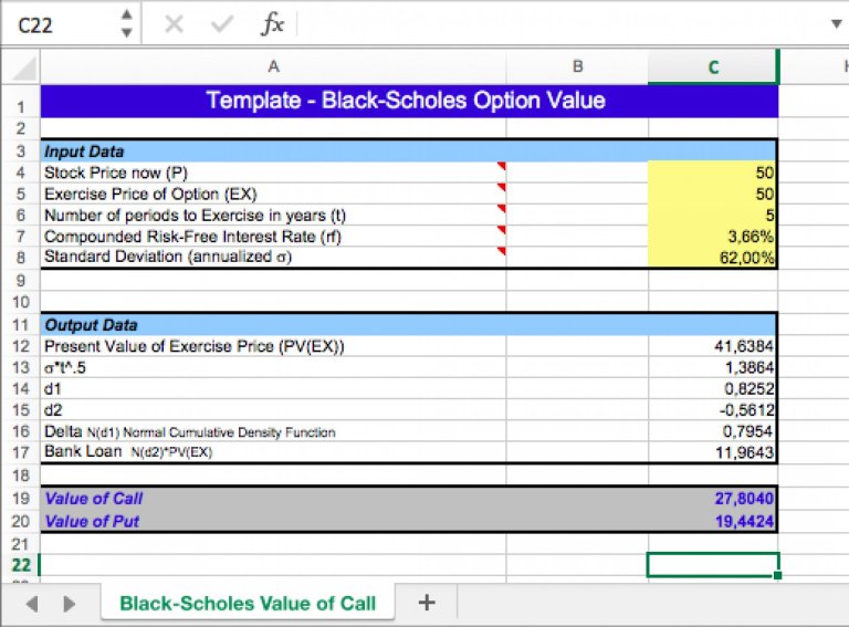 Option Value Excel Model with BlackScholes formula Eloquens