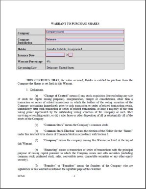 Warrant Form Template to Purchase Shares