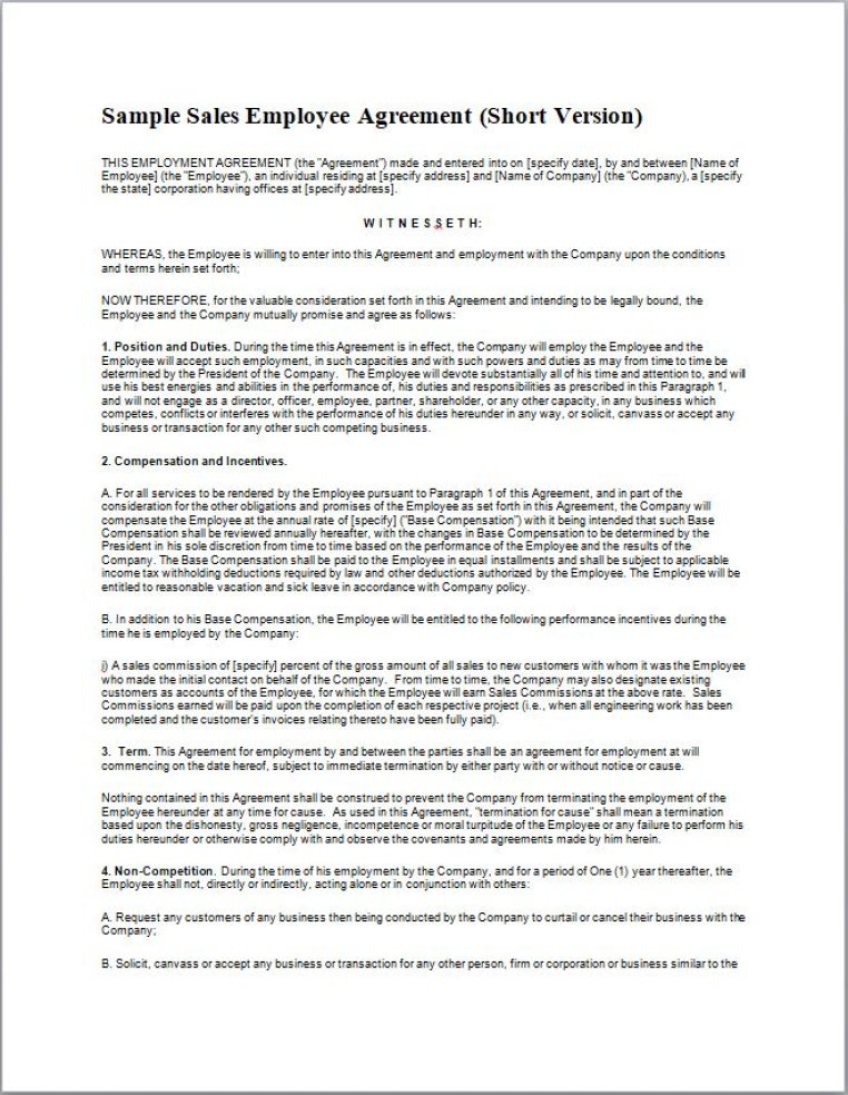 Sample Sales Employee Agreement Template Eloquens