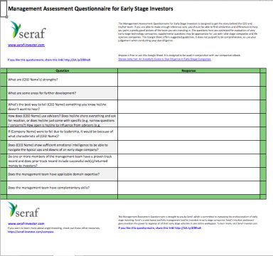 Management Assessment Questionnaire for Early Stage Investors