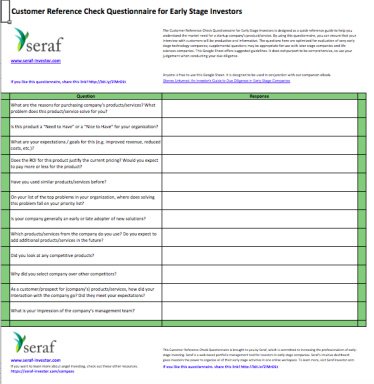Customer Reference Checklist for Early Stage Investors